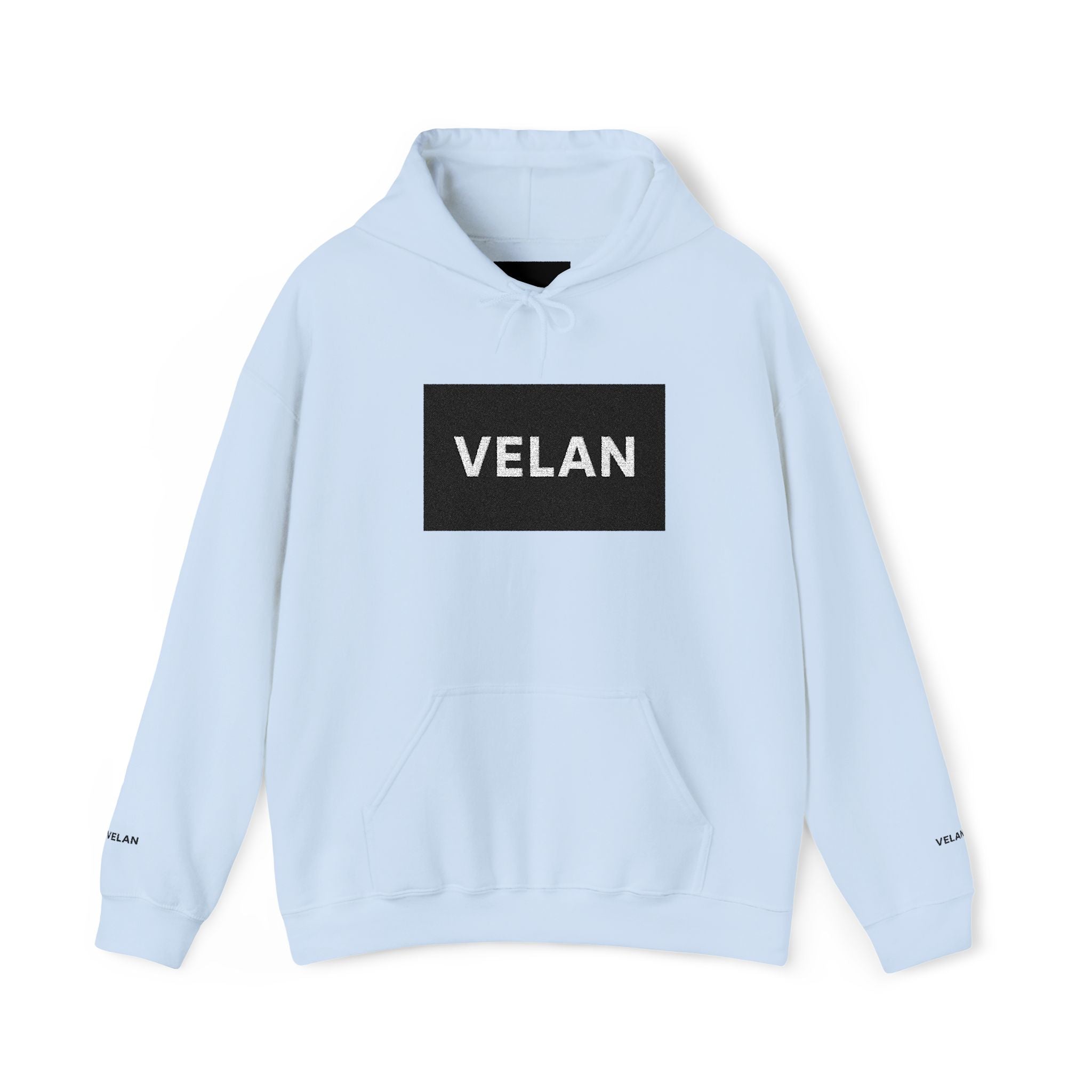 Velan Logo Hoodie — Minimal Black Box Graphic Pullover