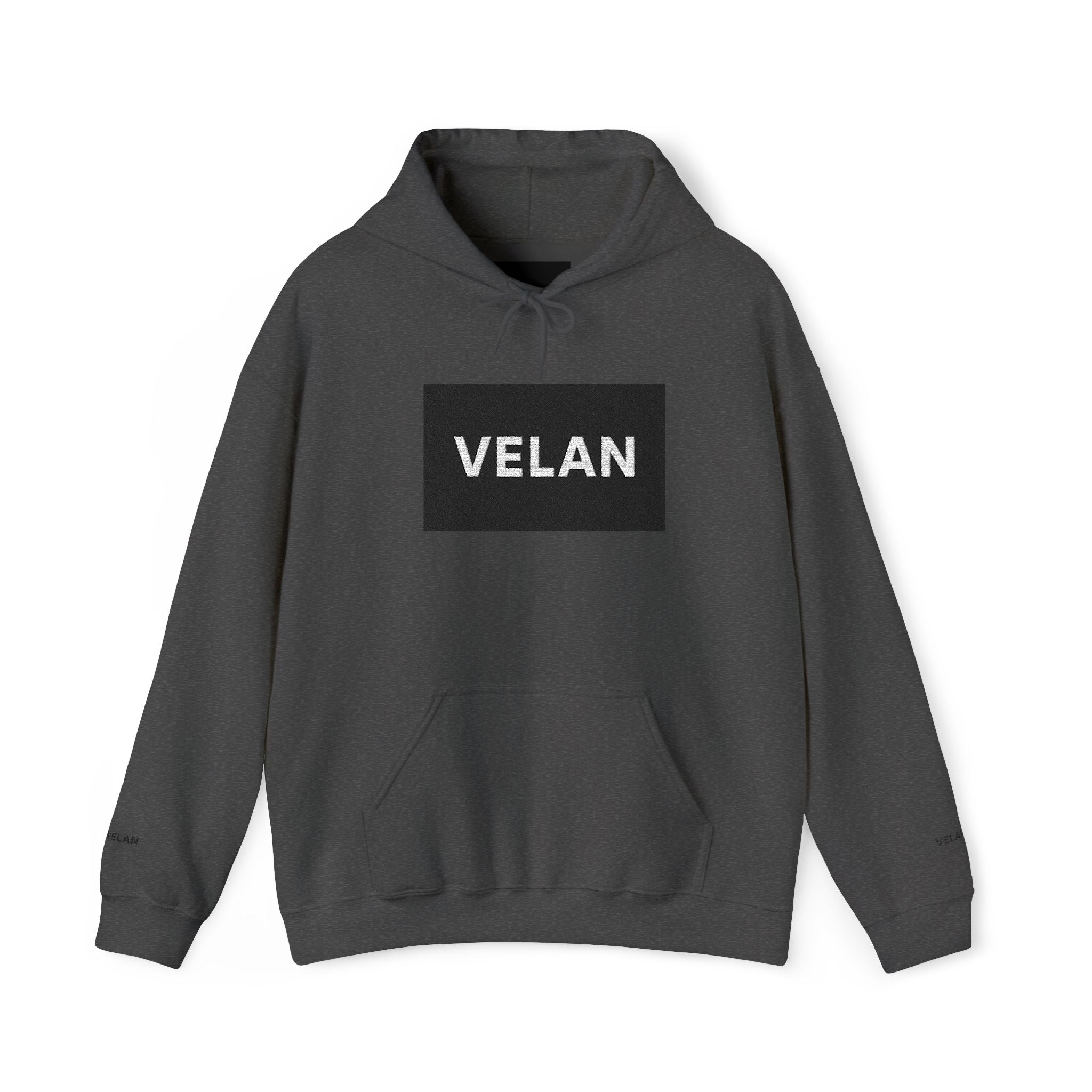Velan Logo Hoodie — Minimal Black Box Graphic Pullover