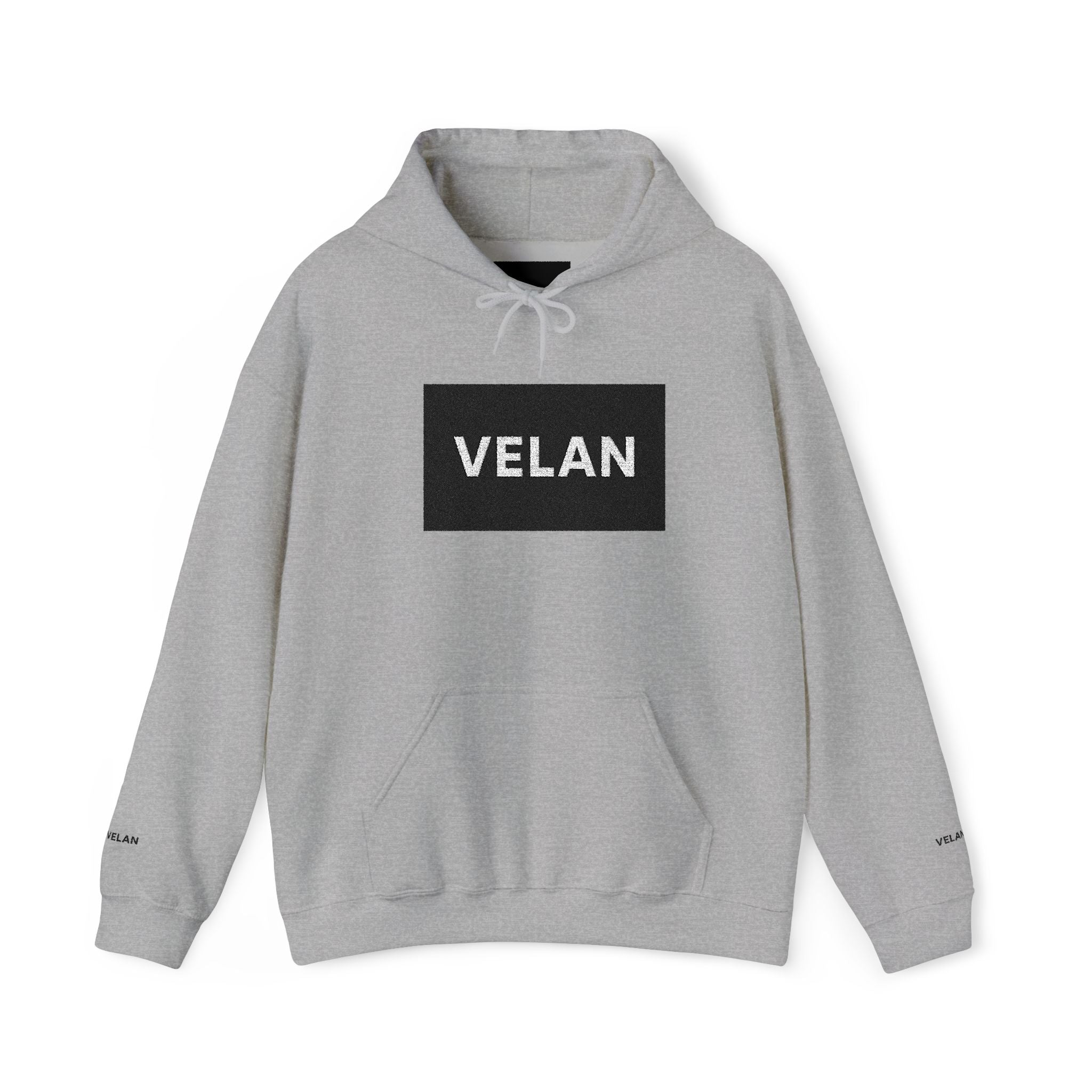 Velan Logo Hoodie — Minimal Black Box Graphic Pullover