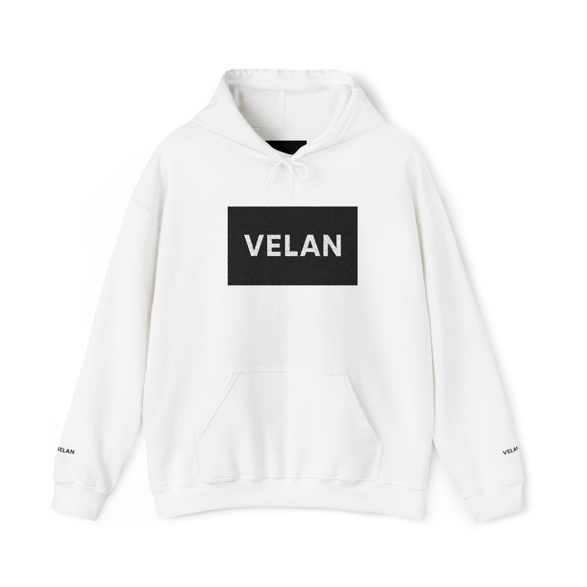 Velan Logo Hoodie — Minimal Black Box Graphic Pullover