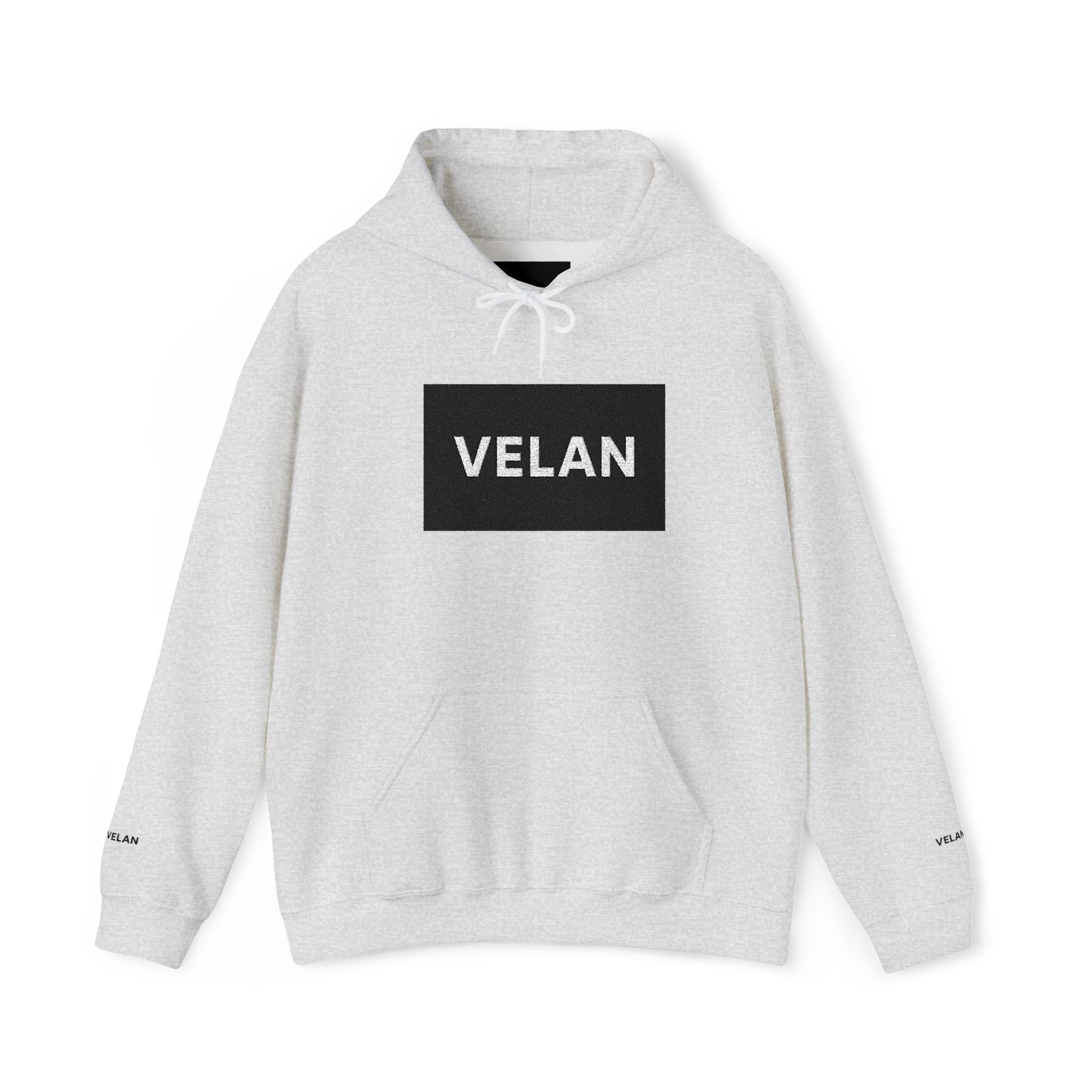 Velan Logo Hoodie — Minimal Black Box Graphic Pullover