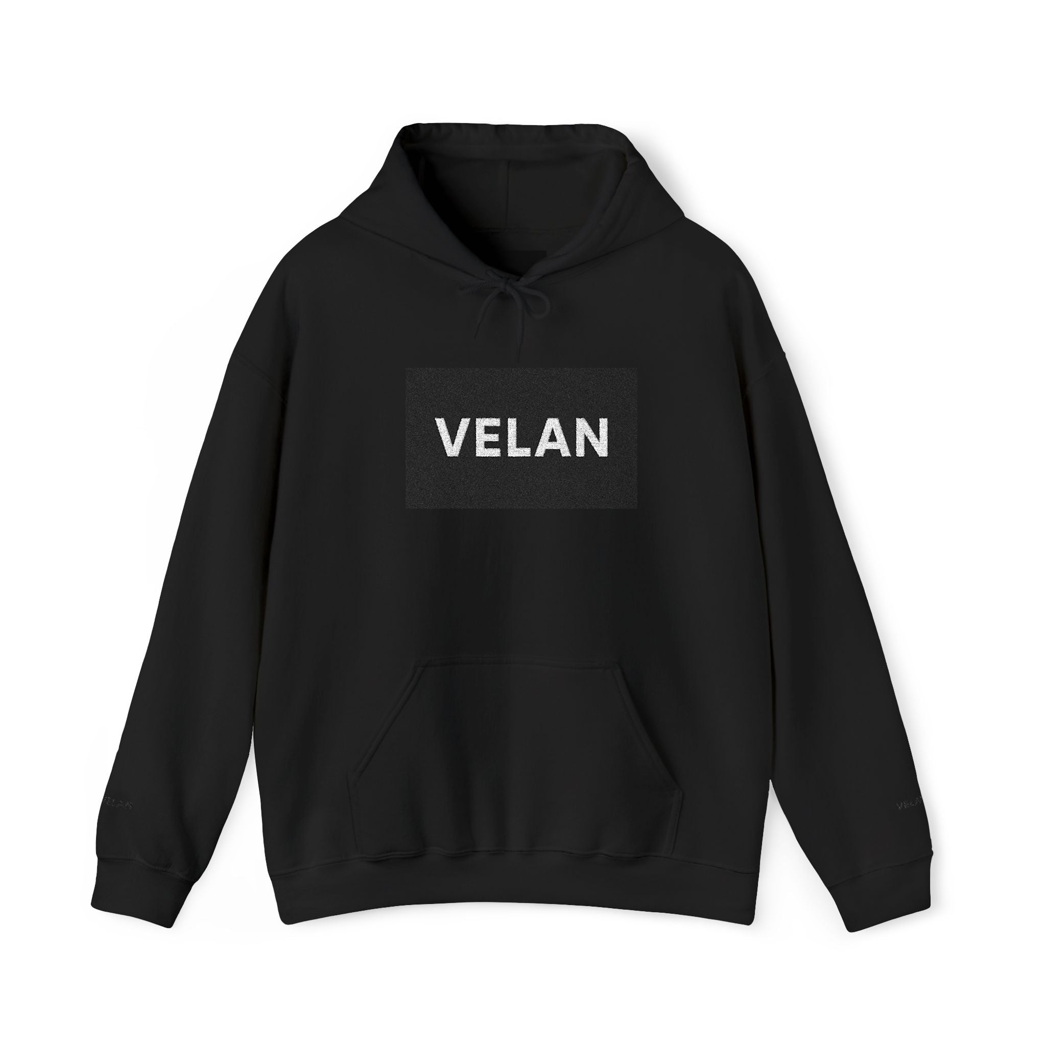 Velan Logo Hoodie — Minimal Black Box Graphic Pullover
